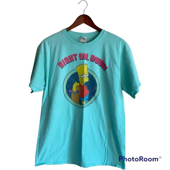 Bart Simpson Teal Blue S/S T-Shirt Men's Size L Right On Dude - Picture 5 of 9